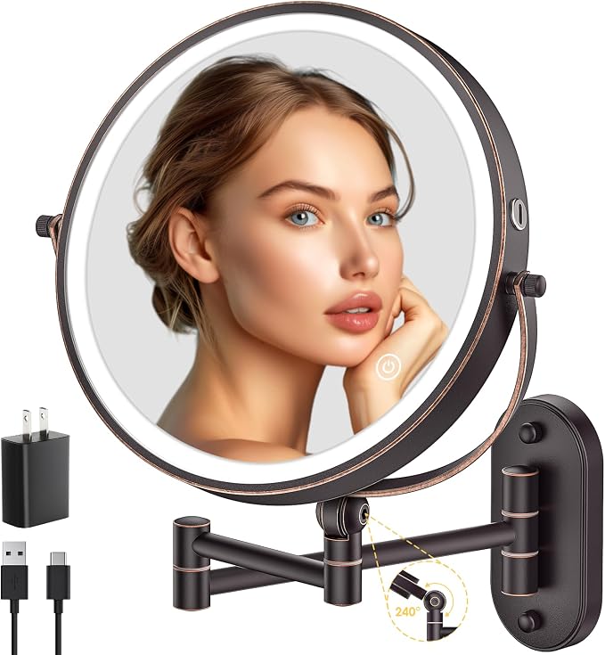 IMIKONA 9" Wall Mounted Lighted Makeup Mirror, 4000mAh Rechargeable Double by IMIKONA