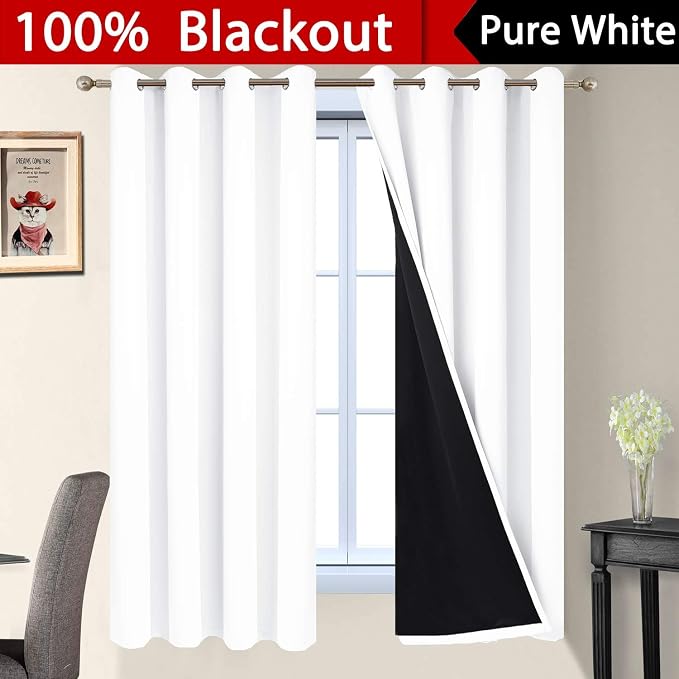 Yakamok White 100% Blackout Curtains, 2 Thick Layers Full Light Blocking - Image 2
