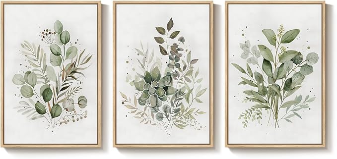 Framed Botanical Wall Art for Living Room, 3 Piece Neutral Sage Green - Image 9