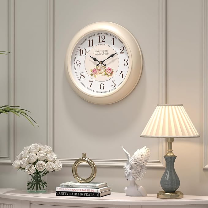 Abdurey Sweet French Rose Style Wall Clock, Battery Operated Silent, Creamy - Image 2