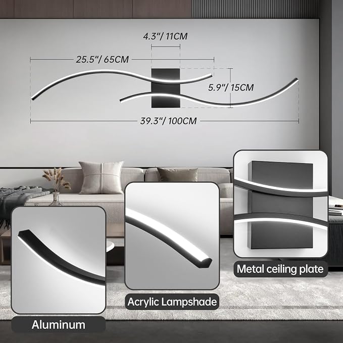 CANEOE Modern Led Wall Light, 39inch Black Indoor Led Wall Sconce Lighting - Image 6