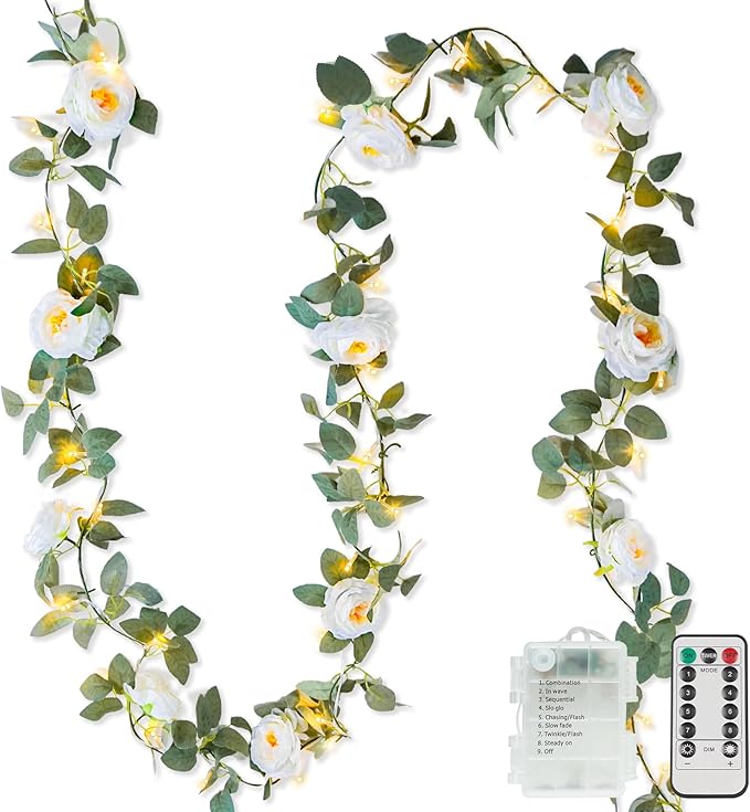 suddus Flower Garland with White Camellia Fairy Lights Indoor, 60 LED Vines by SUDDUS