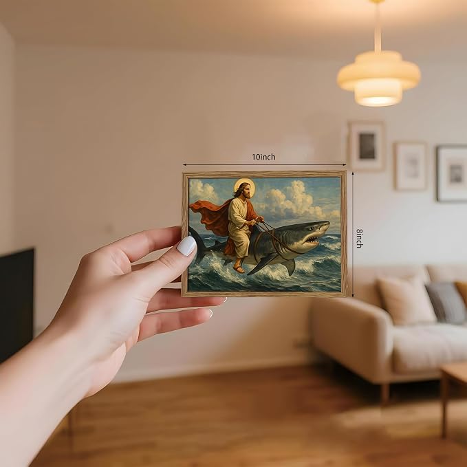 Framed Jesus Riding a Shark Wall Art, Humorous Christian Canvas Print, Fun - Image 3