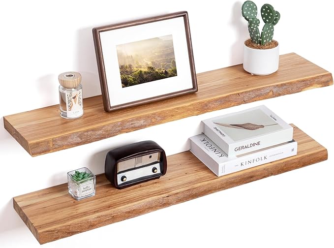 Floating Shelves for Wall Decor, Rustic Solid Elm Wood Live Edge Floating by FLYJOE