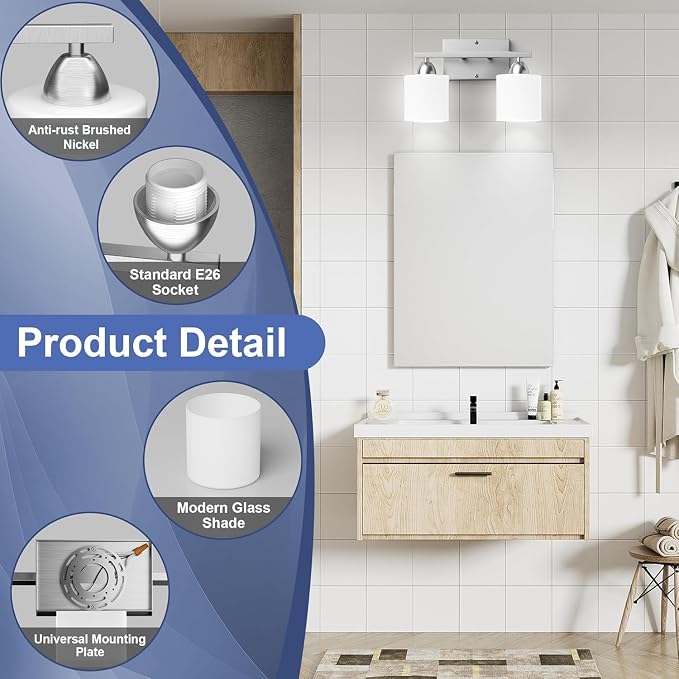 Bathroom Lighting Fixtures Over Mirror Brushed Nickel, Anti-Rust 2-Light - Image 2