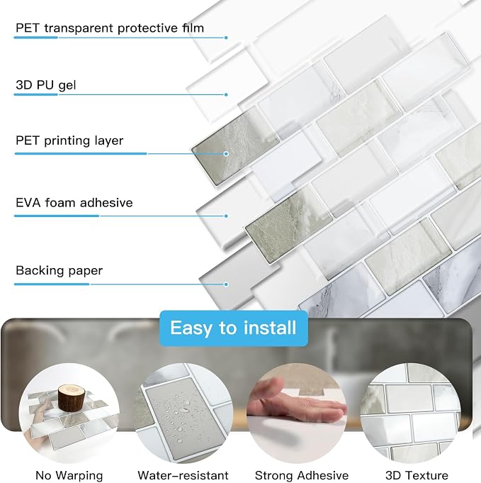 Art3d Peel and Stick Beige & White Wall Tiles – 12"x12" Thickened Design - Image 6
