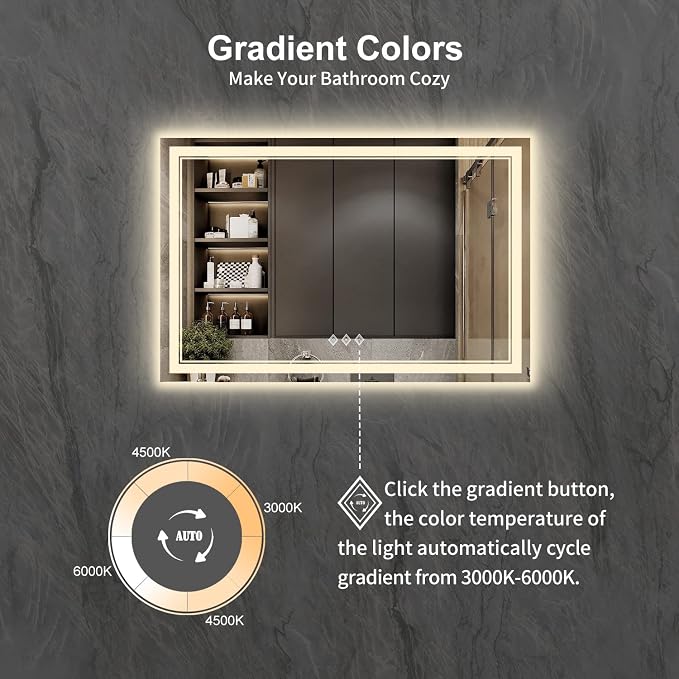LED Bathroom Mirror, 48x32 Inch Gradient Front and Backlight Lighted Vanity - Image 3