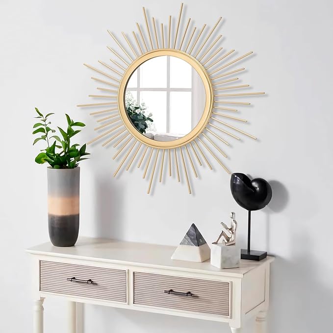 Large Gold Spoked Sunburst Wall Mirror Boho Home Decor Round Wall Art Mirror - Image 5