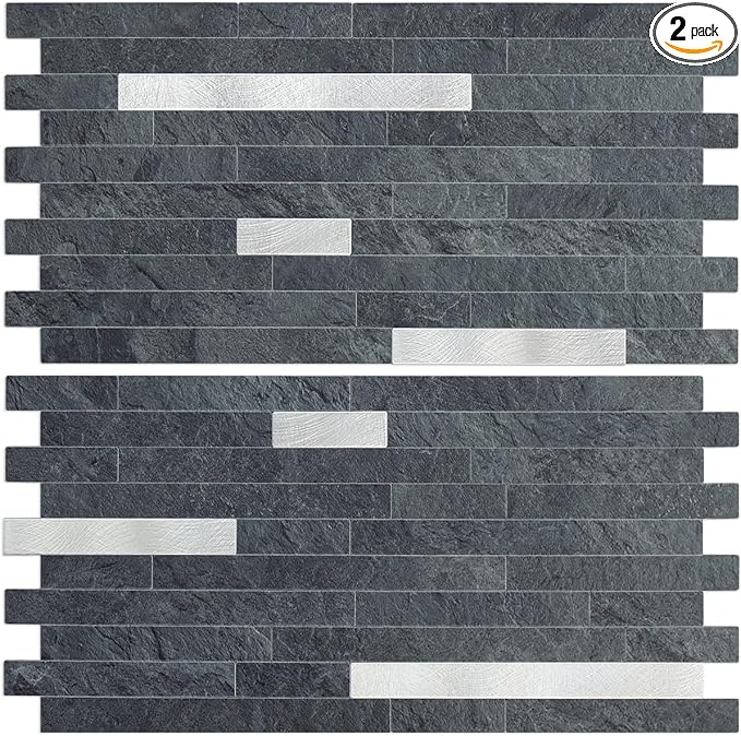 AULIGET 2 Sheets Black Slate Peel and Stick Backsplash, PVC Mixed Metal Silver by AULIGET