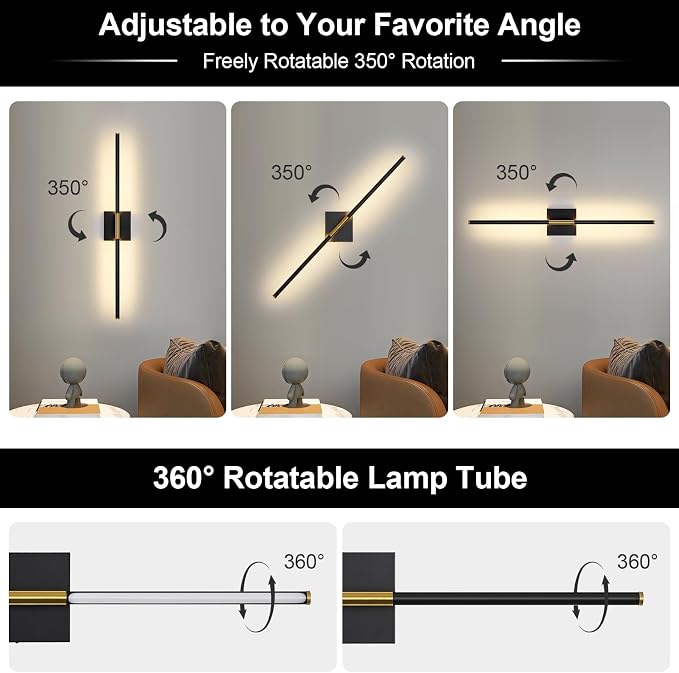Wall Sconces Set of Two with Remote Control 29.1 in Dimmable Black Gold Battery - Image 6