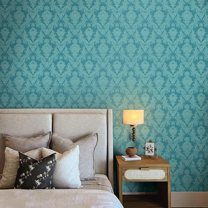 Tempaper Textured Metallic Teal Green Damsel Removable Peel and Stick Damask - Image 4