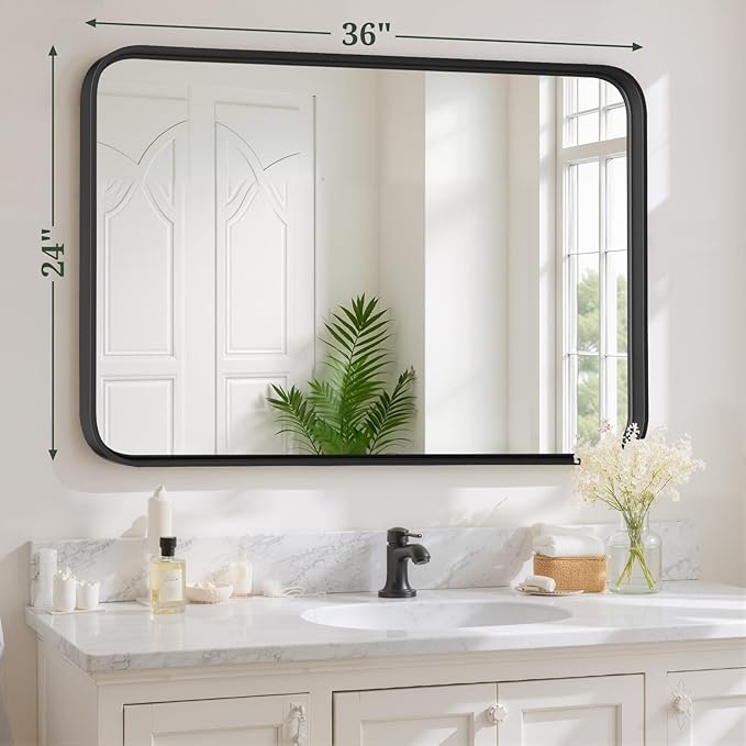 Bathroom Mirror 36x24 Inch Black Metal Frame Rectangle Vanity Mirror - Image 3