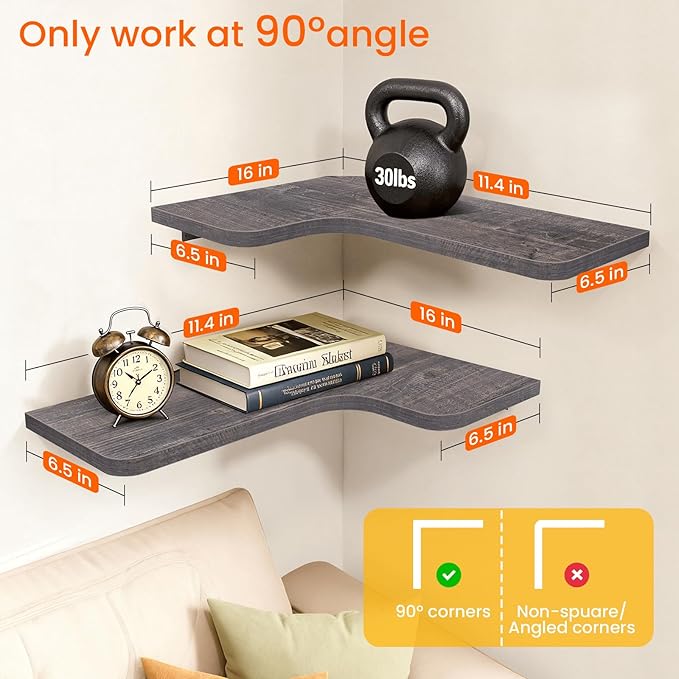 Homode Corner Shelves Wall Mounted, 3 Tier Wooden Hanging Shelves - Image 2
