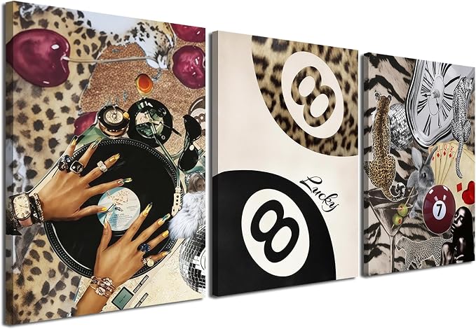 Fashion Cheetah Wall Art Set of 3 Leopard Wall Decor Pictures Lucky 8 Ball by YFvrPtYourFavoritePainting