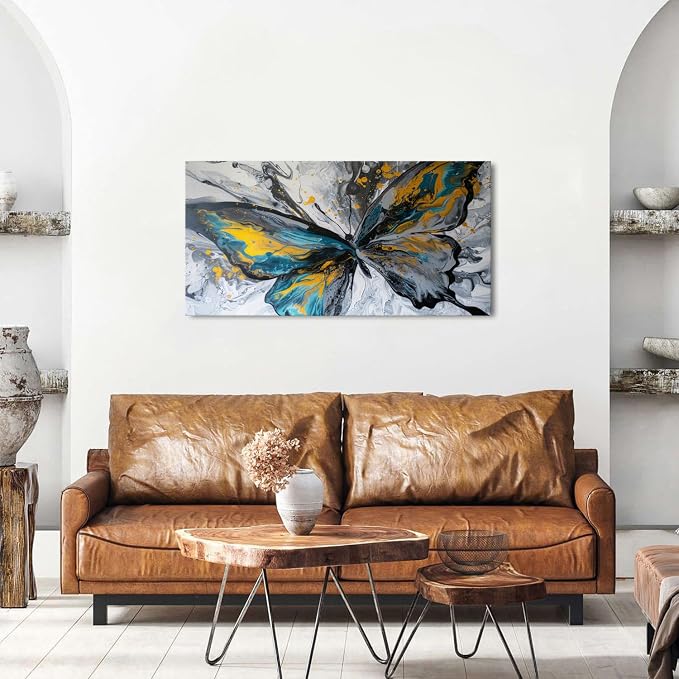 Abstract Butterfly Wall Art Teal Grey Yellow Butterfly Wall Decor Modern Marble - Image 4