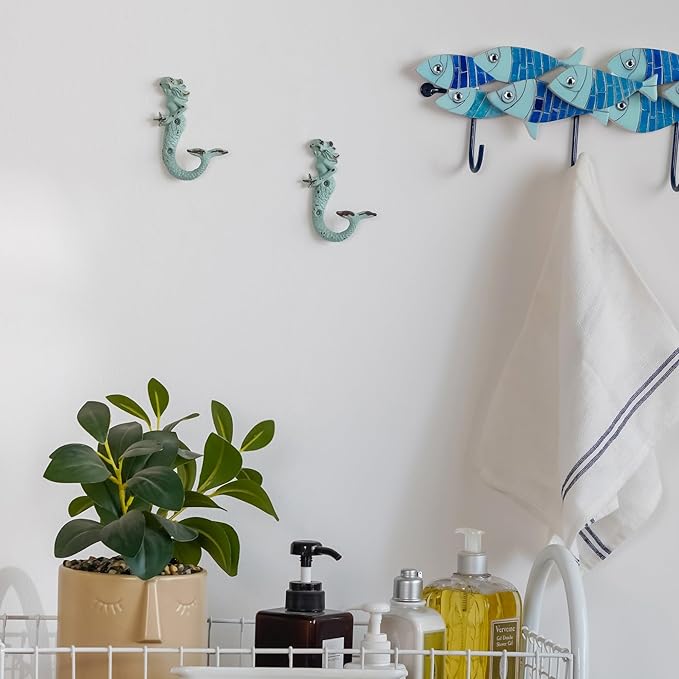 SOFFEE DESIGN 2PCS Green Mermaid Side Profile Hooks, Beach Themed Towel Hangers - Image 5