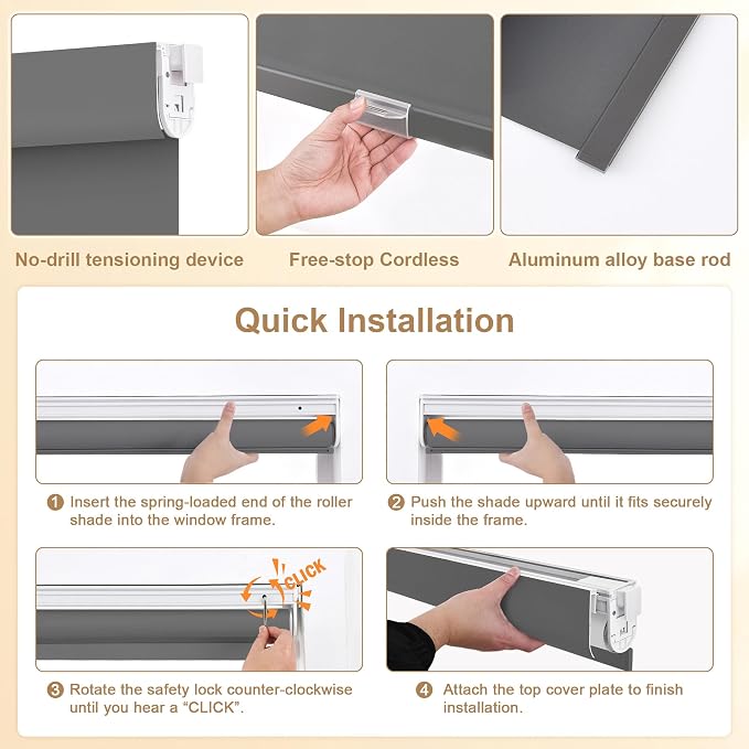 SUNOFF No Drill Tools Cordless Blackout Roller Shades Blinds - Image 2