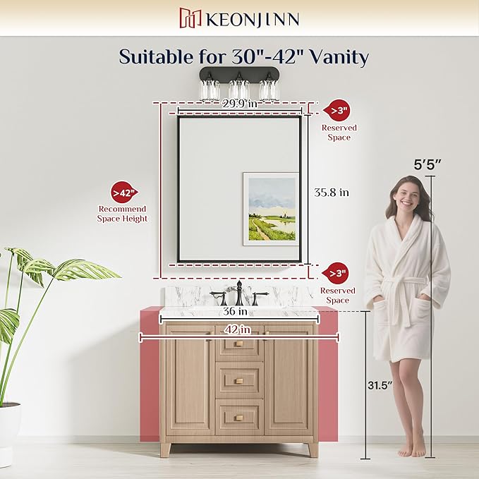 Keonjinn 30 x 36 Inch Brushed Nickel Bathroom Mirror, Beveled Rectangle Framed - Image 6