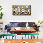 Large Living Floral Canvas Wall Art Gold White Plant Abstract Decor painting - Image 8