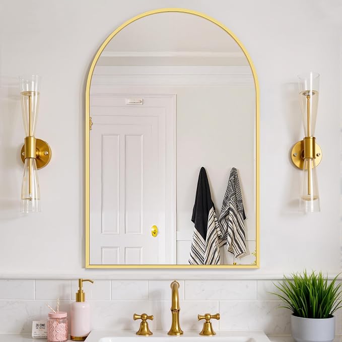 Bathroom Mirror for Wall, 38x26 Inch Arched Mirror, Matte Gold Metal Framed - Image 5