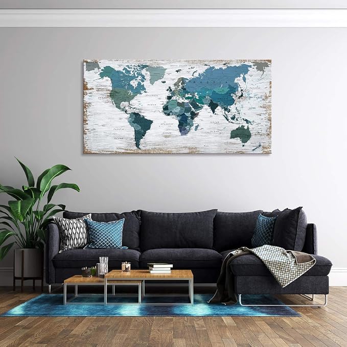 Teal Decor World Map Canvas Wall Art Pictures - Image 4