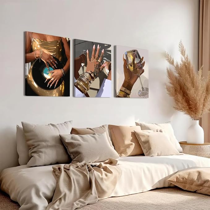 Black Girl wall Art Set of 3, African American Woman Wall Decor Fashion Gold - Image 4
