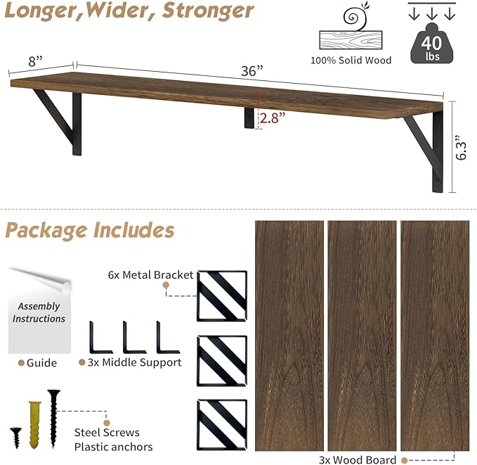 Forbena Floating Book Shelves for Wall Set of 3, 36 Inches Long Wall Bookshelf - Image 2