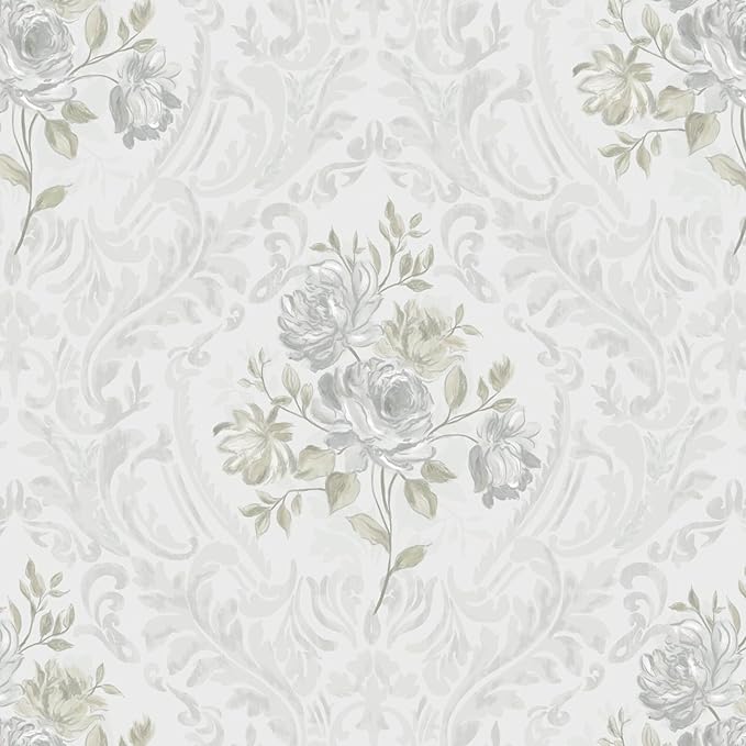 Ismoon Floral Peel and Stick Wallpaper Vintage White and Grey Contact Paper by Ismoon