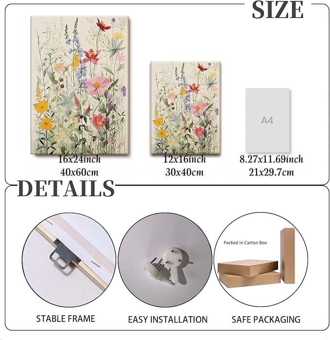 KISSFOX 3 Piece Canvas Wall Art Wildflowers Wall Decor Floral Pictures - Image 4