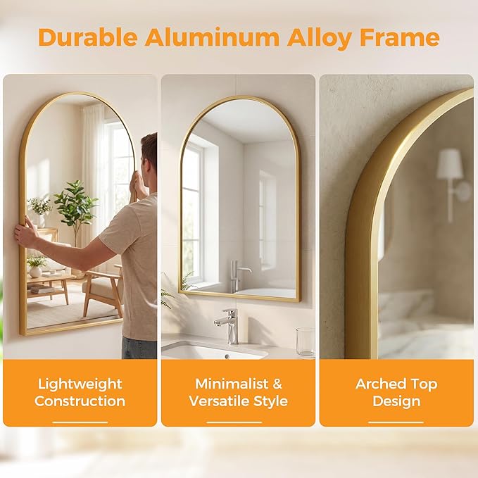 OLIXIS 24x36 Inch Arched Gold Bathroom Mirror - Image 3