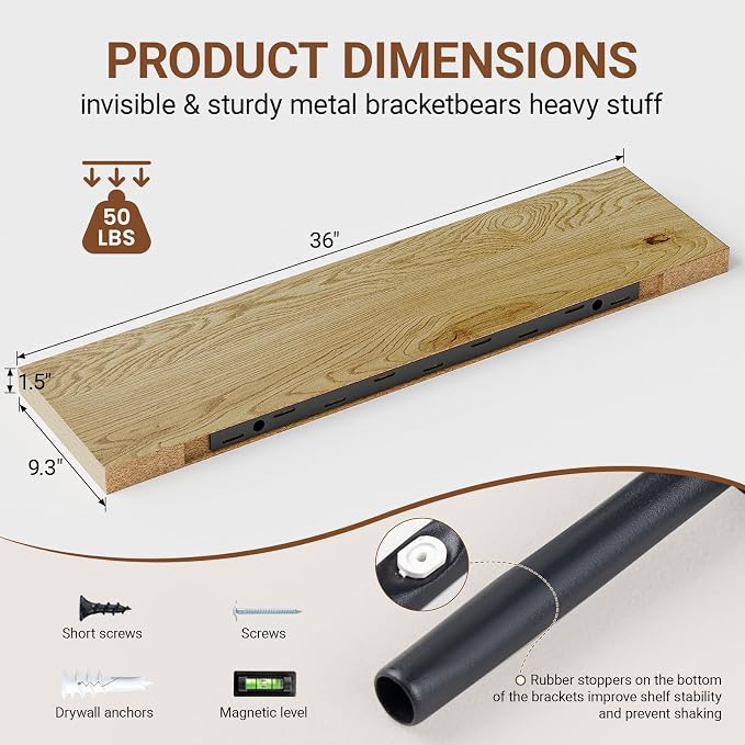 Heimlove Floating Shelves for Wall 36 Inches Long, 9.3" Deep Oak Floating Shelf - Image 3