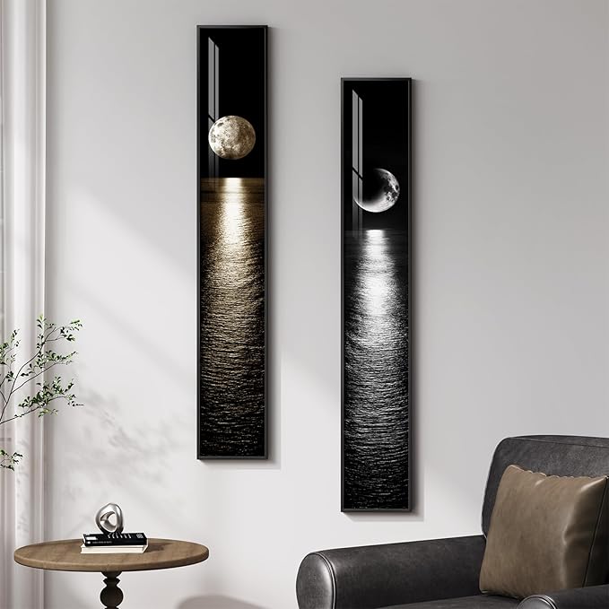 Framed Long Narrow Vertical Moon Wall Art Set of 2, Modern Black White Gold - Image 3