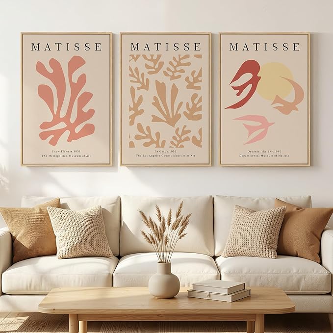 Framed Large Matisse Abstract Wall Art Set of 3, Vintage Neutral Pink Floral by Cuspin