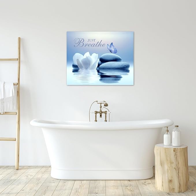 EOBTAIN Zen Bathroom Wall Art Blue Butterfly and Flower Stone Relaxing Just - Image 3