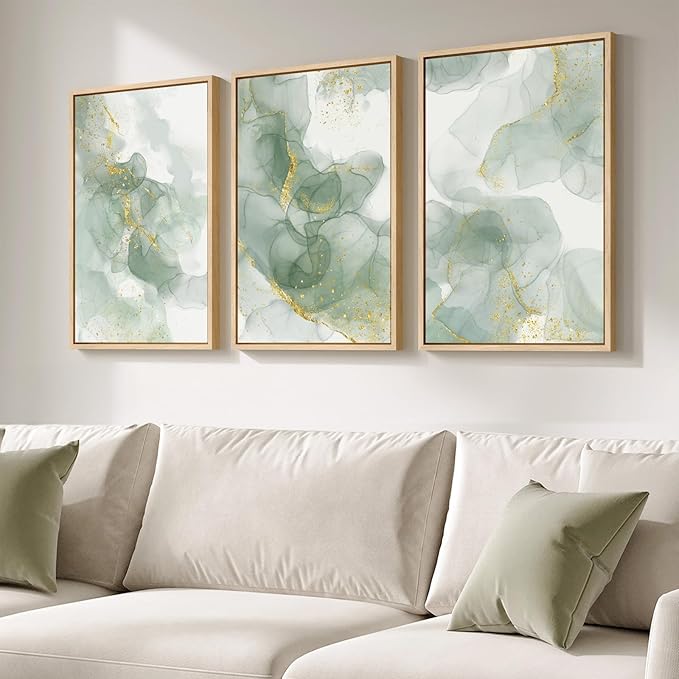Framed Sage Green Abstract Wall Art, 3 Piece Modern Canvas Prints Paintings - Image 5