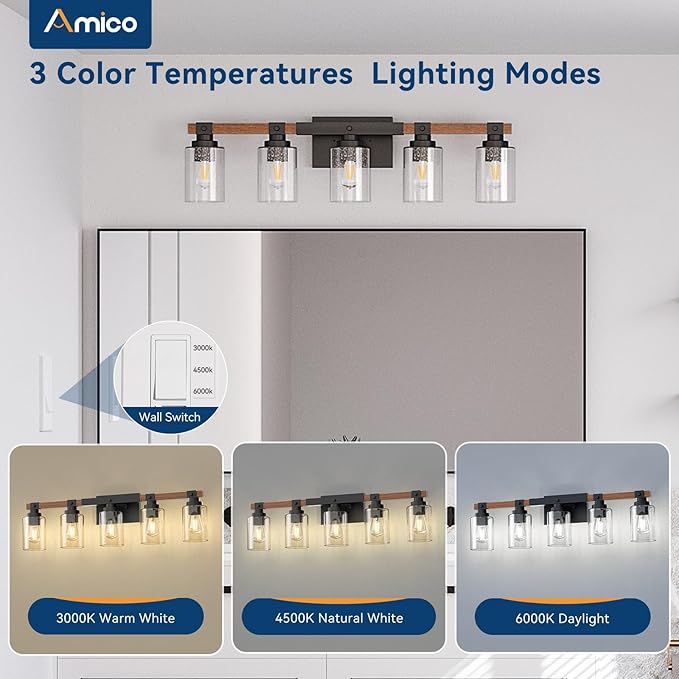 Amico Farmhouse Vanity Light Fixtures, Rustic 5-Light Industrial Painted Wood - Image 2