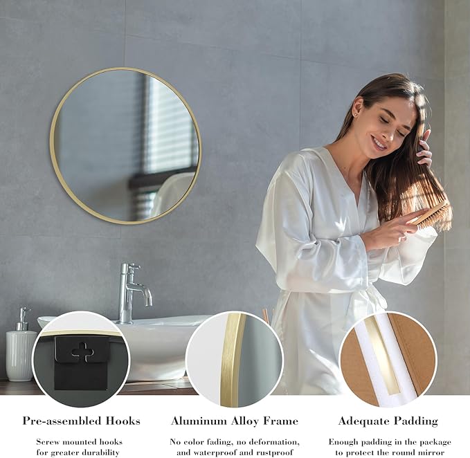 NEWBULIG Round Bathroom Mirror for Over Sink, 20 Inch Wall Mount Vanity Circle - Image 5