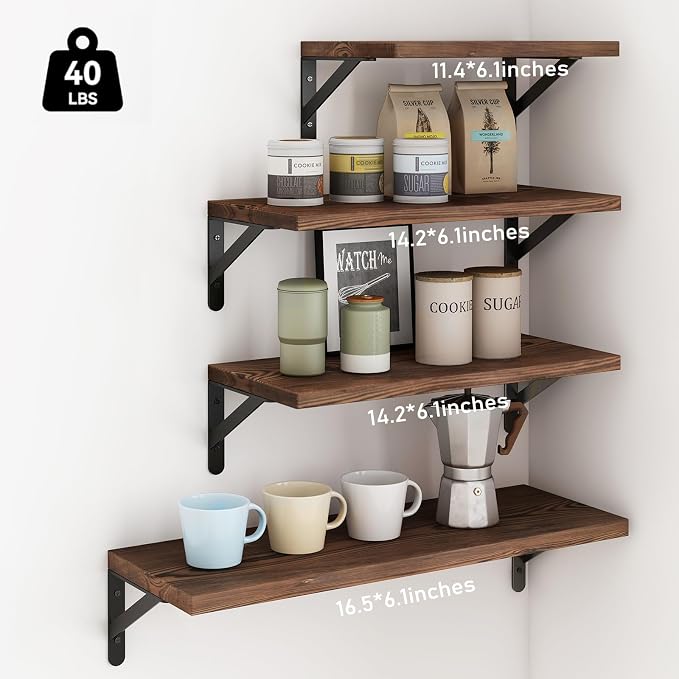 YGEOMER Floating Shelves for Wall, Different Sizes Dark Carbonized Pine Wall - Image 3