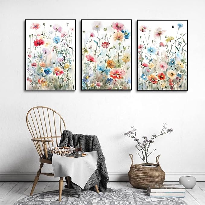 KISSFOX Framed Colorful Wildflower Canvas Wall Art Set Of 3 Flowers Pictures - Image 2
