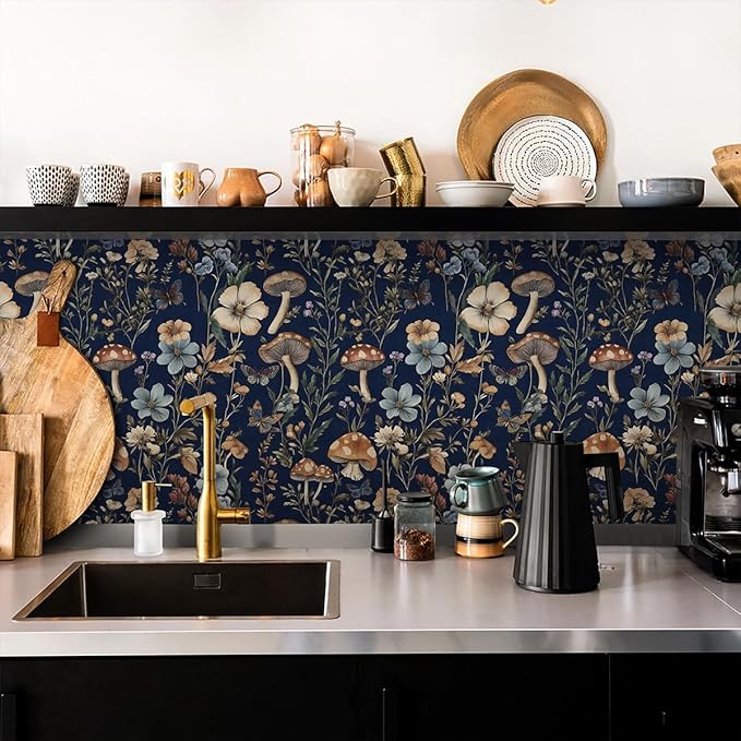 Froluya Mushroom Peel and Stick Wallpaper Dark Floral Contact Paper 16.9" x - Image 3