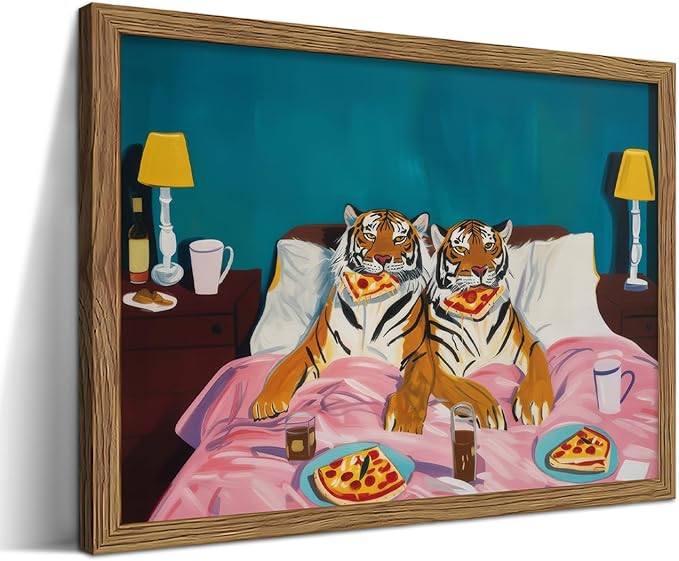 Framed Tiger Pizza Wall Art, Dopamine Wall Decor Canvas Print, Vintage Fun by Unknown