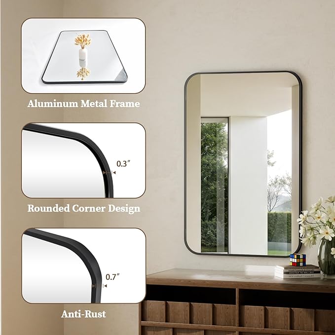 BEAUTYPEAK 30" x 40" Black Metal Frame Rectangle Vanity Mirror - Image 3