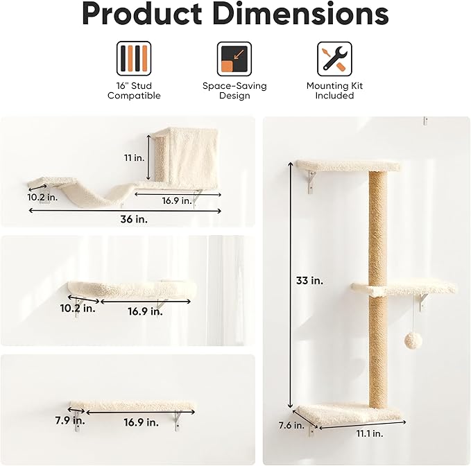 FUKUMARU Cat Wall Shelves, Stable & Safe 5 in 1 Cat Walls Furniture Set - Image 5