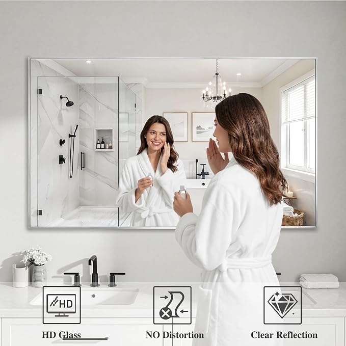 Koonmi Silver Rectangle Wall Mirror, 30x55 Inch Bathroom Mirror, Aluminum Frame - Image 3