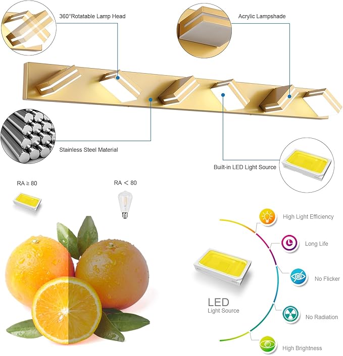 SineRise LED Modern Bathroom Vanity Light Fixtures, Matte Gold Modern Acrylic - Image 2