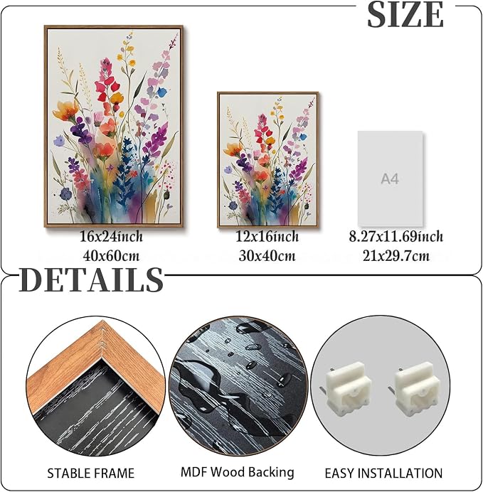 KISSFOX 3 Piece Colorful Wildflower Botanical Framed Wall Art Watercolor Floral - Image 4