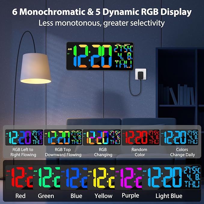 18" Digital Wall Clock Large Display, 11 RGB Color Changing Large Digital Wall - Image 2