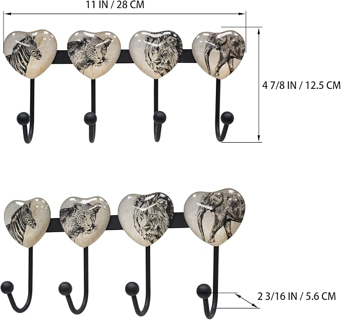 Coat Rack Wall Mounted with 4 Hook, Heart Glass Finishes Animal Pattern - Image 2
