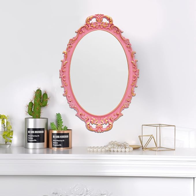 Tstarer Vintage Decorative Pink Framed Mirror, Wall Hanging Mirrors & Tabletop - Image 2