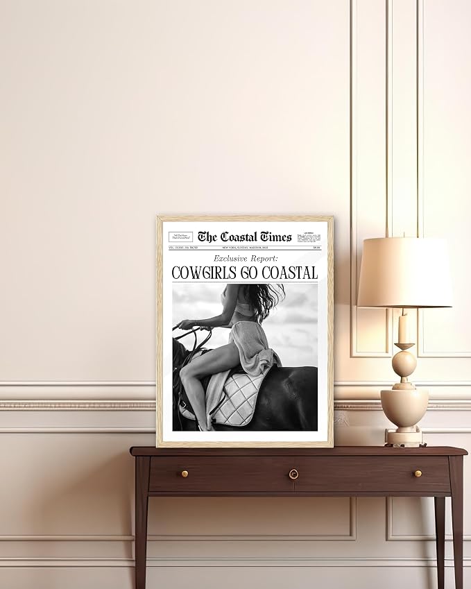 iHery Unframed Trendy Coastal Cowgirl NewsPaper Wall Art Prints, 12x16in Black - Image 4